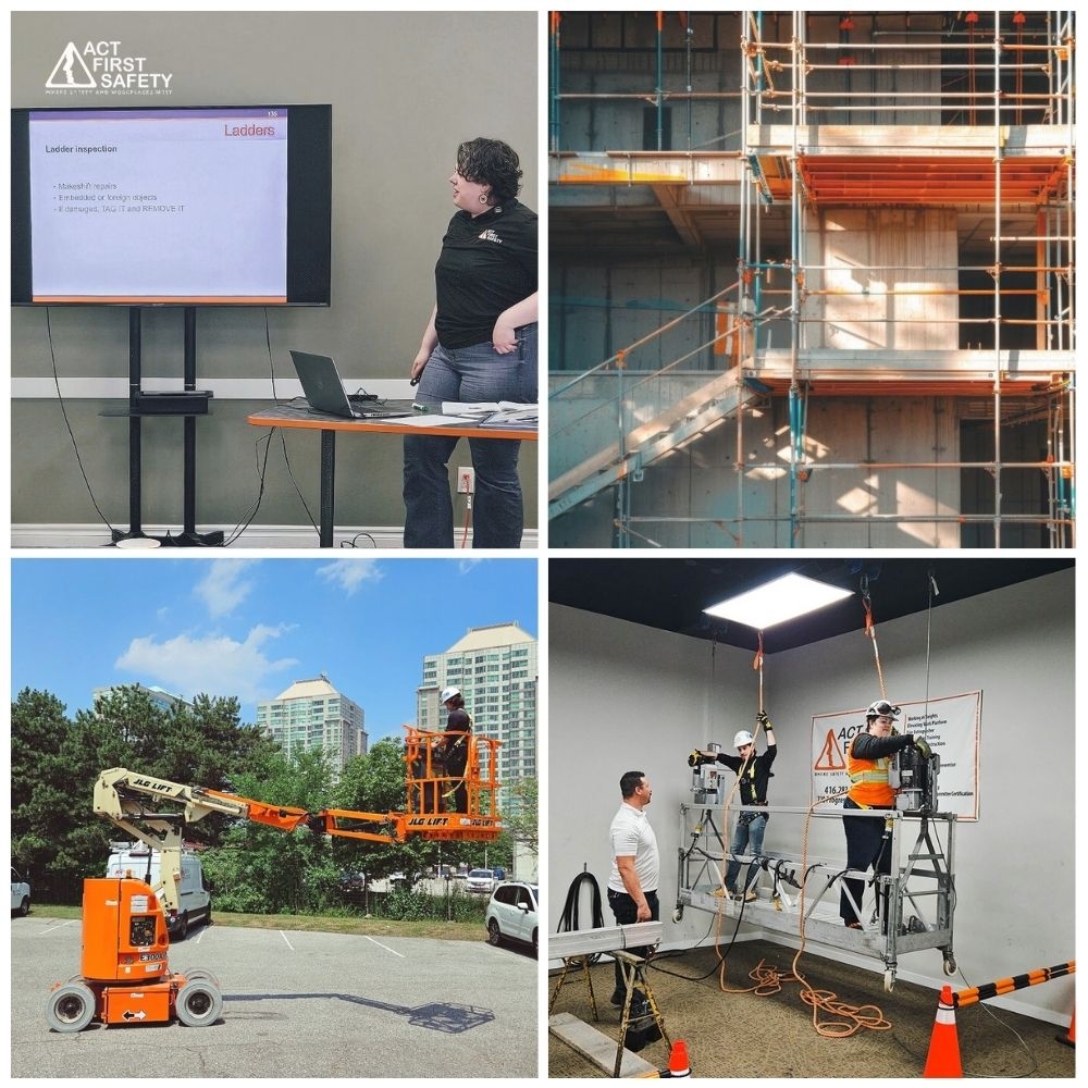 Workplace safety training showing scaffolding systems and aerial lift platforms as safer alternatives to ladders.