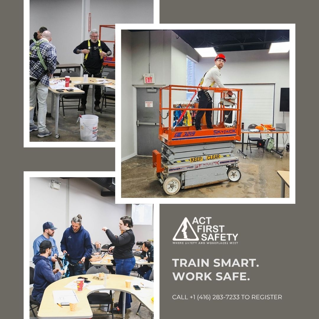 Workers participating in aerial lift and scissor lift safety training at Act First Safety facility