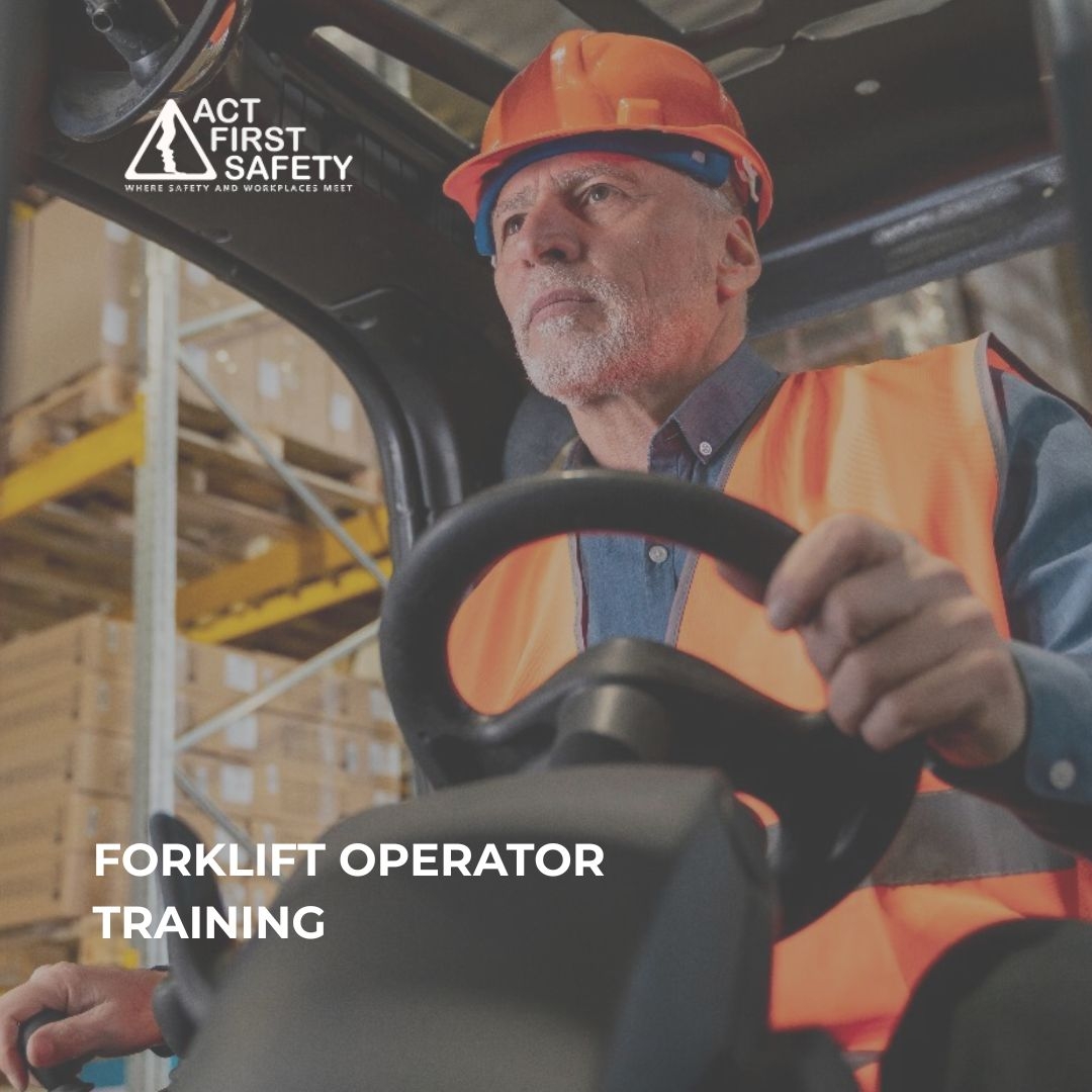 Forklift operator driving warehouse forklift demonstrating safe forklift operator training practices