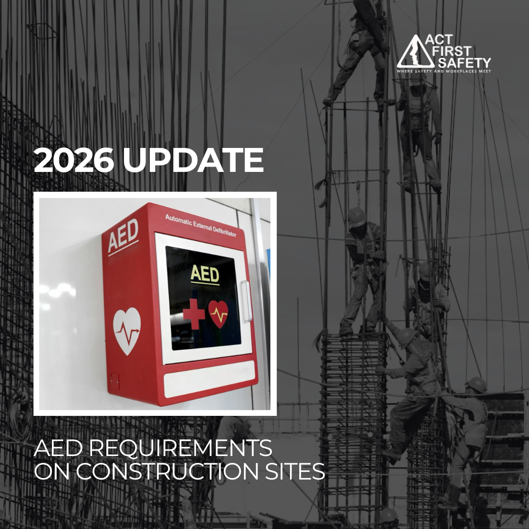 Automated external defibrillator AED installed for emergency response on construction site