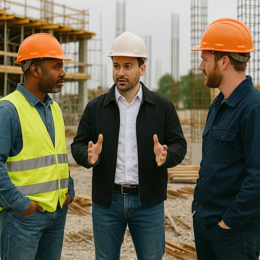 Supervisor giving safety instructions to construction workers on site