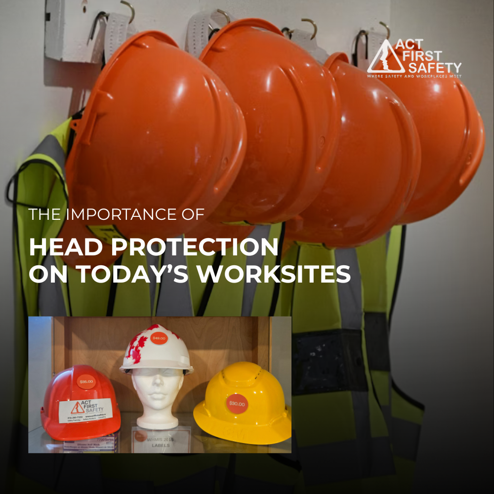 Safety hard hats displayed with high-visibility vests illustrating the importance of head protection on modern worksites