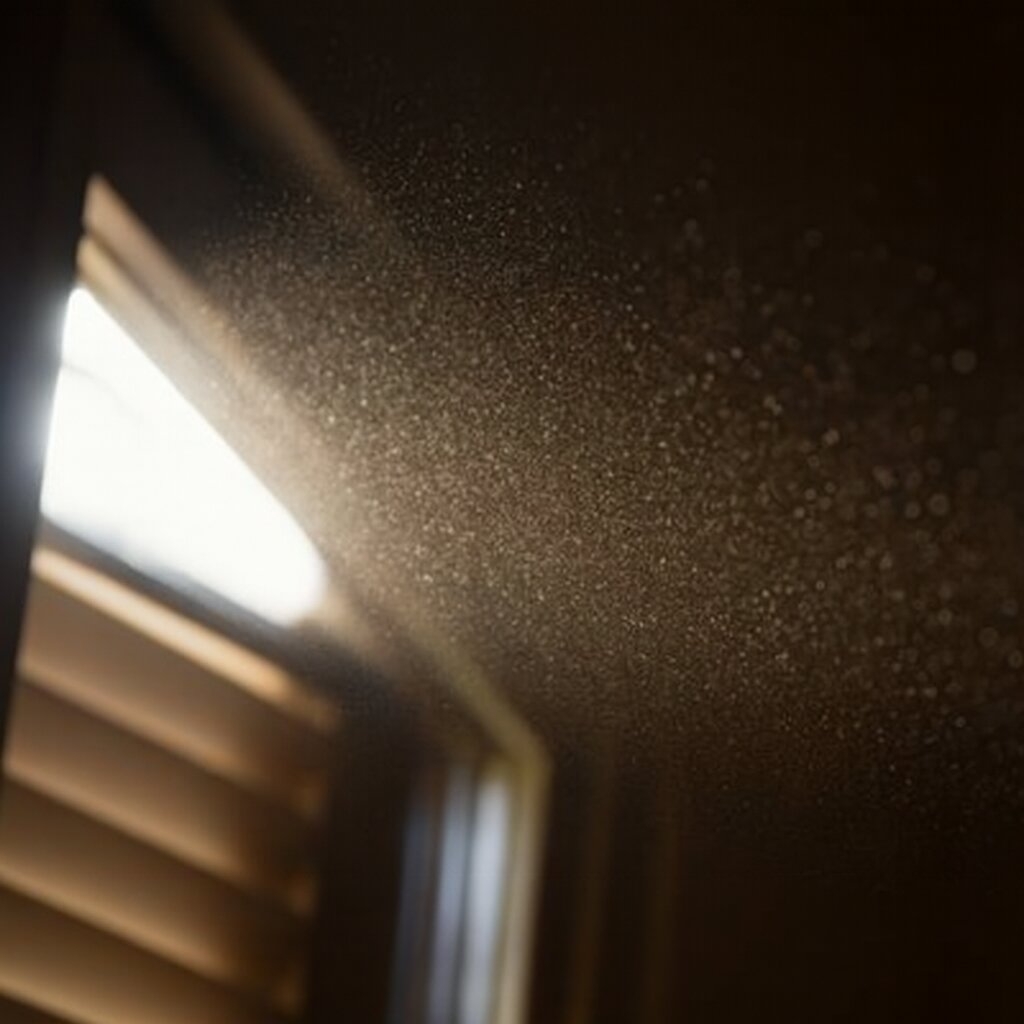 Dust particles floating in indoor air illustrating poor indoor air quality addressed through workplace safety and air quality awareness training.