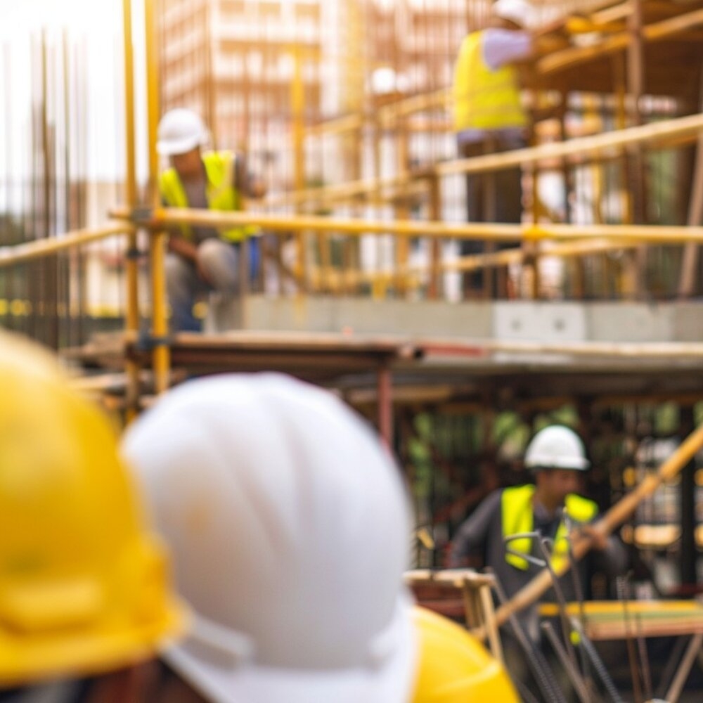 Construction workers on scaffolding platform demonstrating safe working at heights and scaffold safety practices