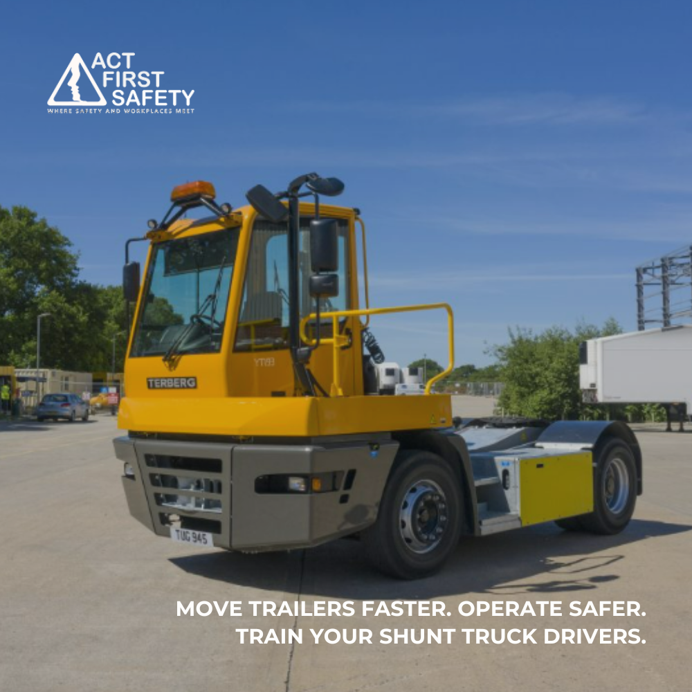 Terminal tractor shunt truck used for moving trailers safely in distribution yard operations.