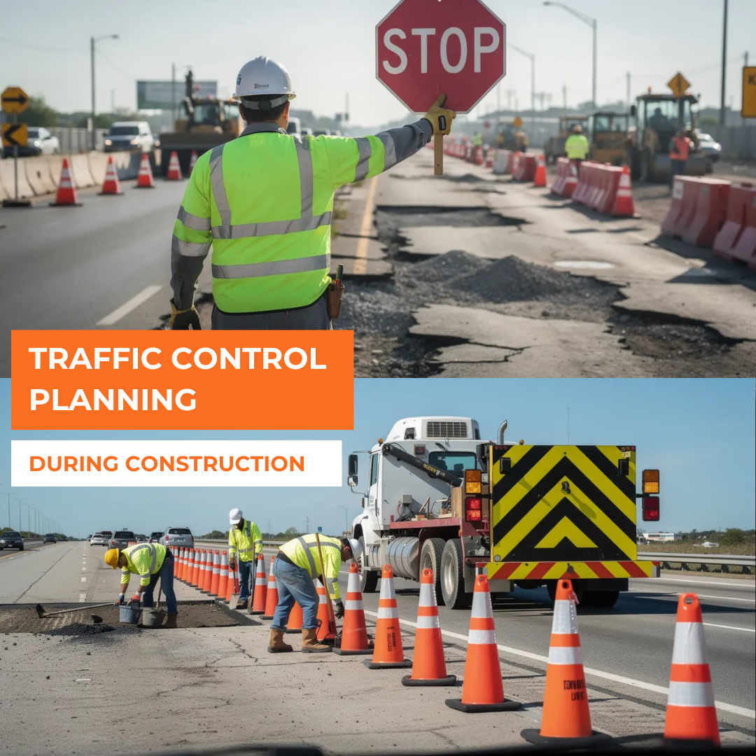 Construction worker directing traffic with stop sign near road work and safety cones